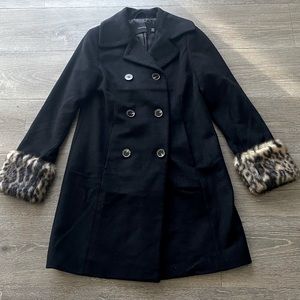 TAHARI - Cheetah Aubrey Faux Fur Cuffed Wool Blend Coat